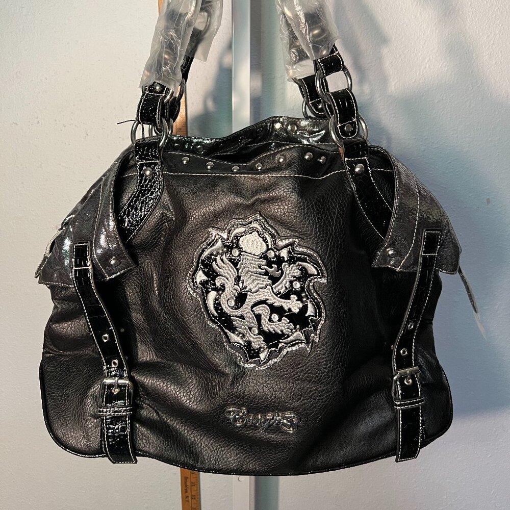 NWT Coogi Gothic Black Faux Leather & Shimmer Lion's Crest Purse